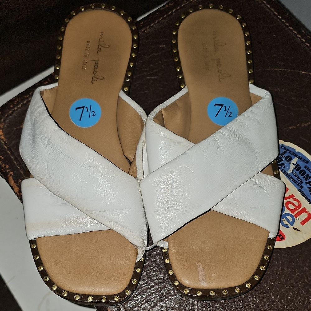 White Leather Crisscross Slide Mules with Stud Trim